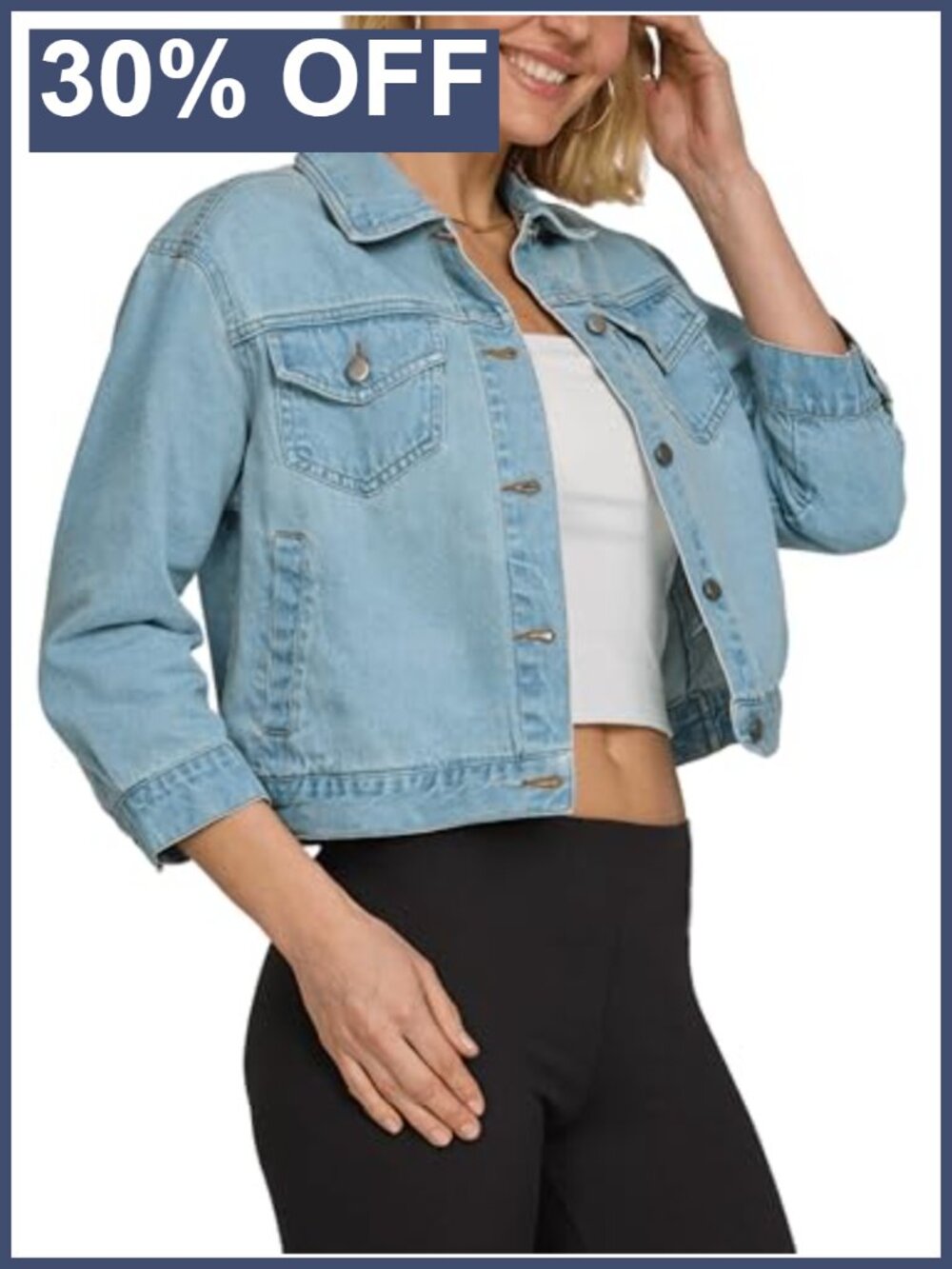 Womens Cropped Denim Jacket 3/4 Sleeve Button Up Casual Jean Jacket